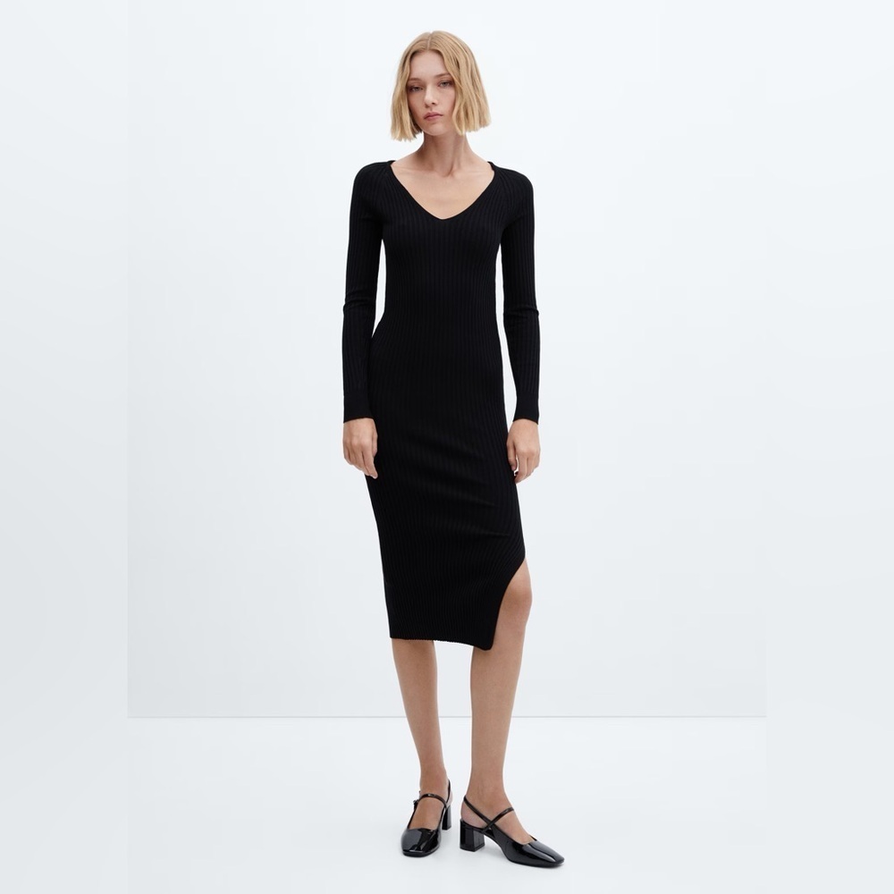 Mango Black ribbed v-neck Dress NWT
